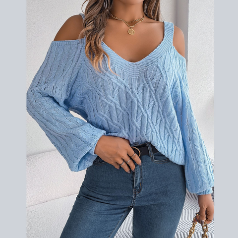 Ombretta - Blue Cold Shoulder V Neck Sweater