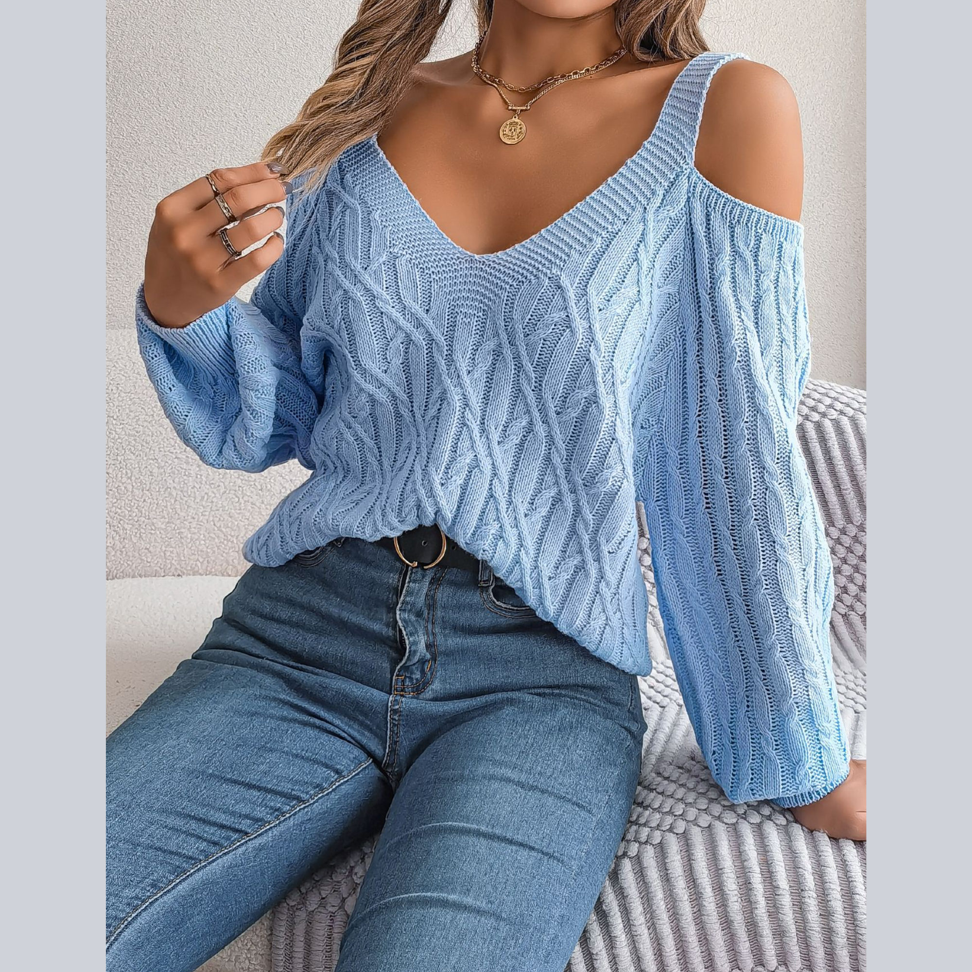 Ombretta - Blue Cold Shoulder V Neck Sweater