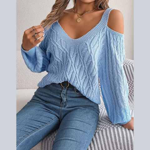 Ombretta - Blue Cold Shoulder V Neck Sweater
