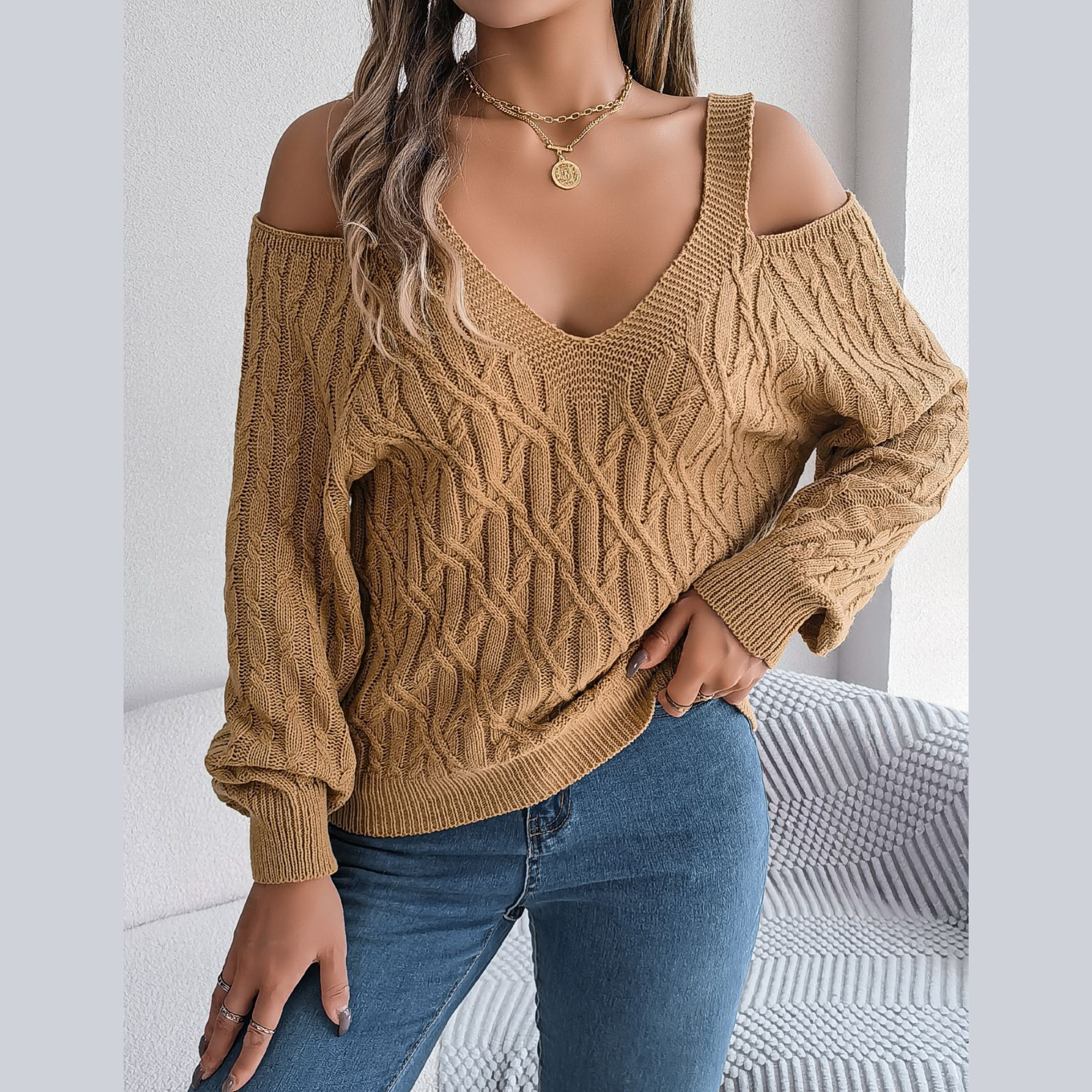 Ombretta - Khaki Cold Shoulder V Neck Sweater