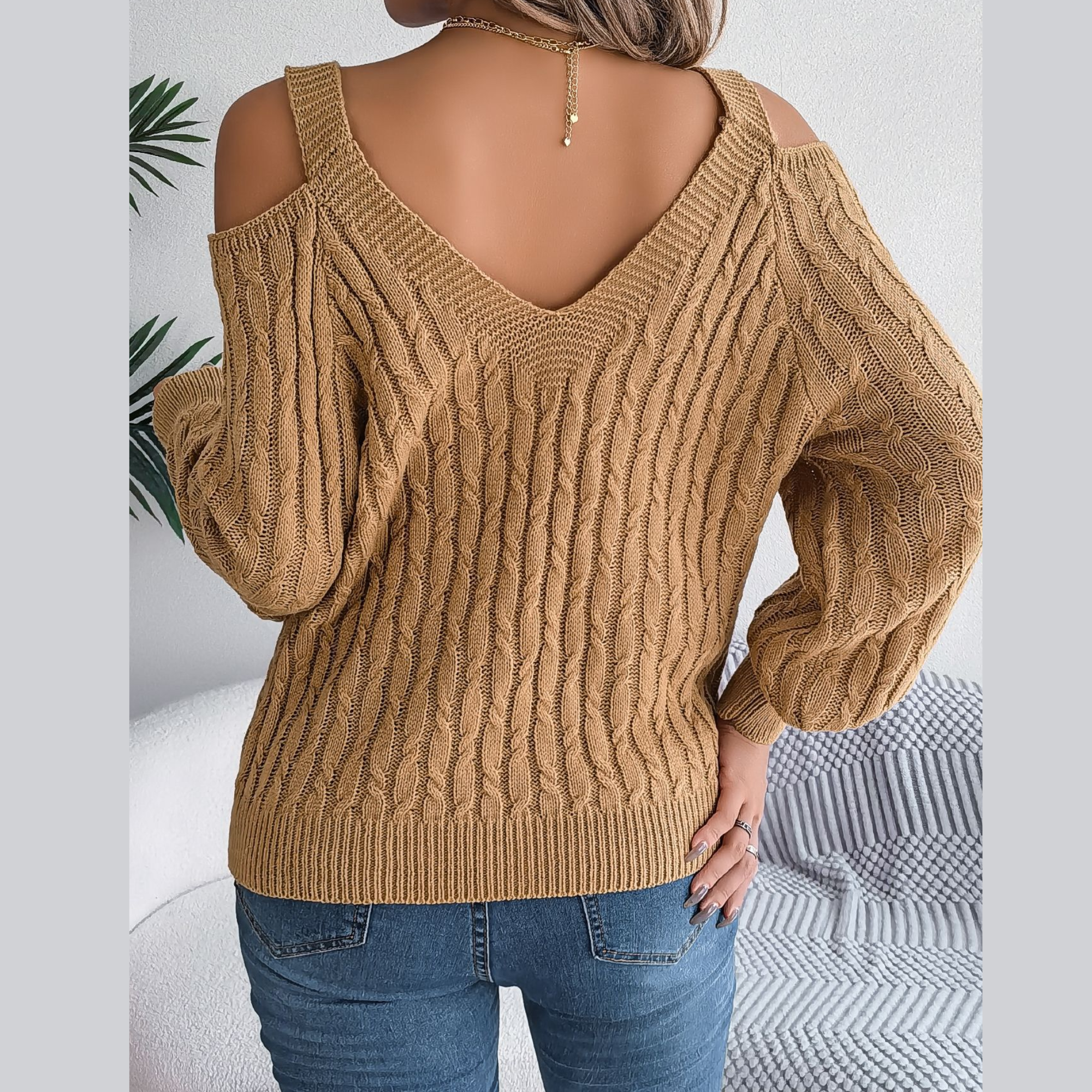 Ombretta - Khaki Cold Shoulder V Neck Sweater