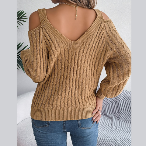 Ombretta - Khaki Cold Shoulder V Neck Sweater