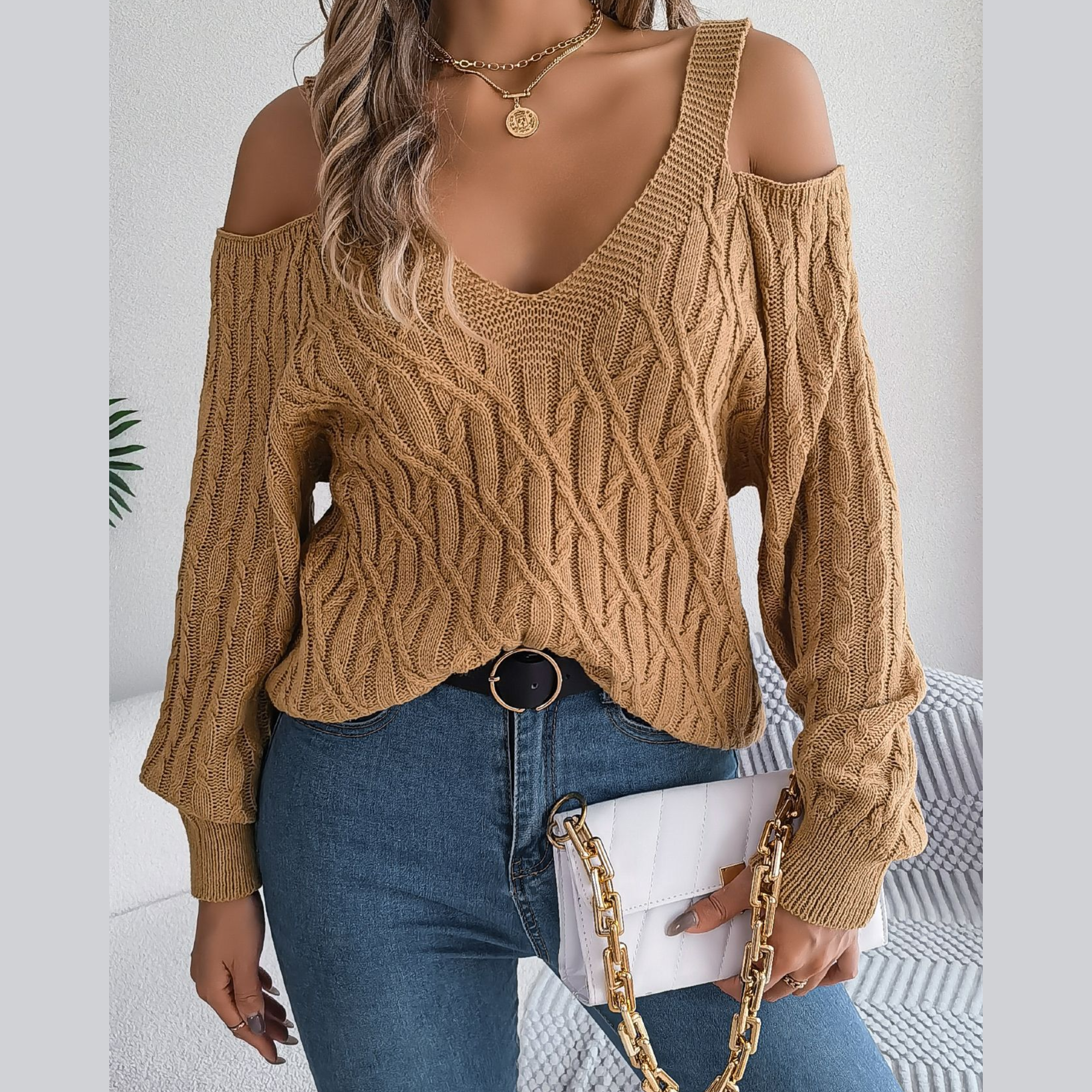 Ombretta - Khaki Cold Shoulder V Neck Sweater