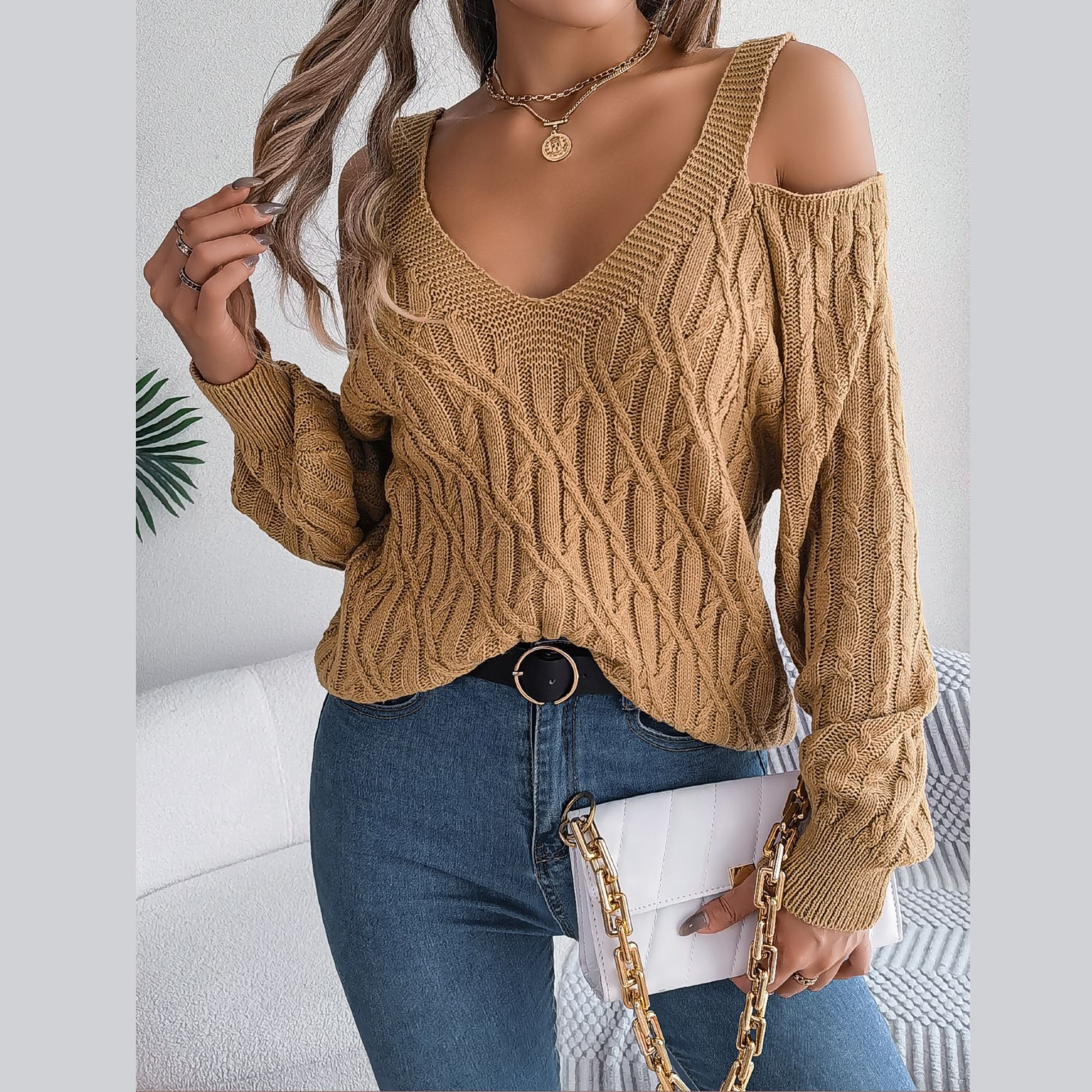 Ombretta - Khaki Cold Shoulder V Neck Sweater