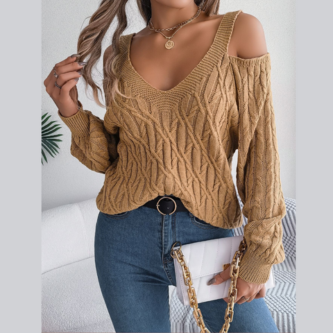 Ombretta - Khaki Cold Shoulder V Neck Sweater