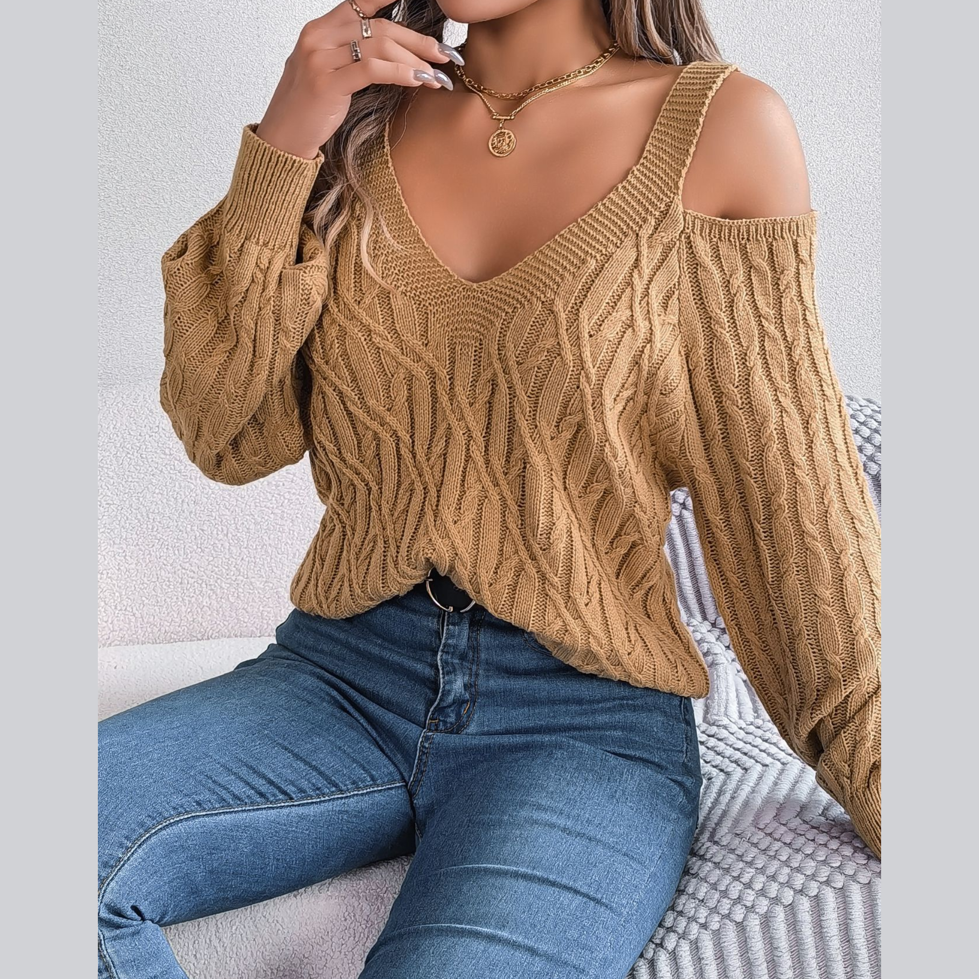 Ombretta - Khaki Cold Shoulder V Neck Sweater