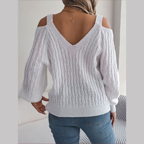 Ombretta - White Cold Shoulder V Neck Sweater