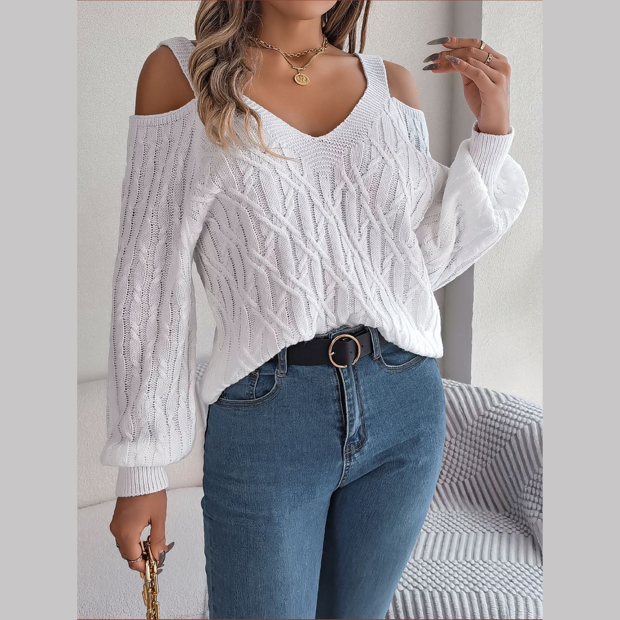 Ombretta - White Cold Shoulder V Neck Sweater