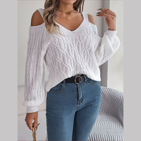 Ombretta - White Cold Shoulder V Neck Sweater