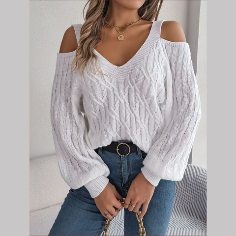 Ombretta - White Cold Shoulder V Neck Sweater