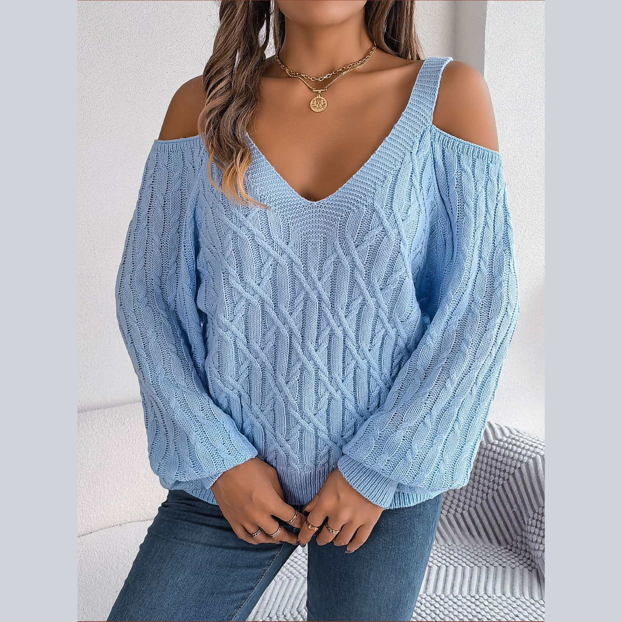 Ombretta - Blue Cold Shoulder V Neck Sweater
