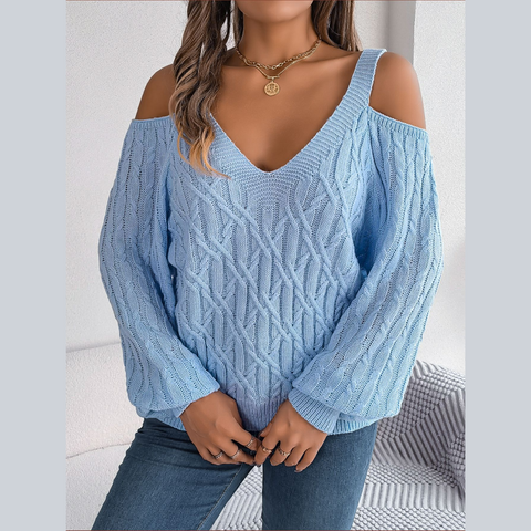 Ombretta - Blue Cold Shoulder V Neck Sweater