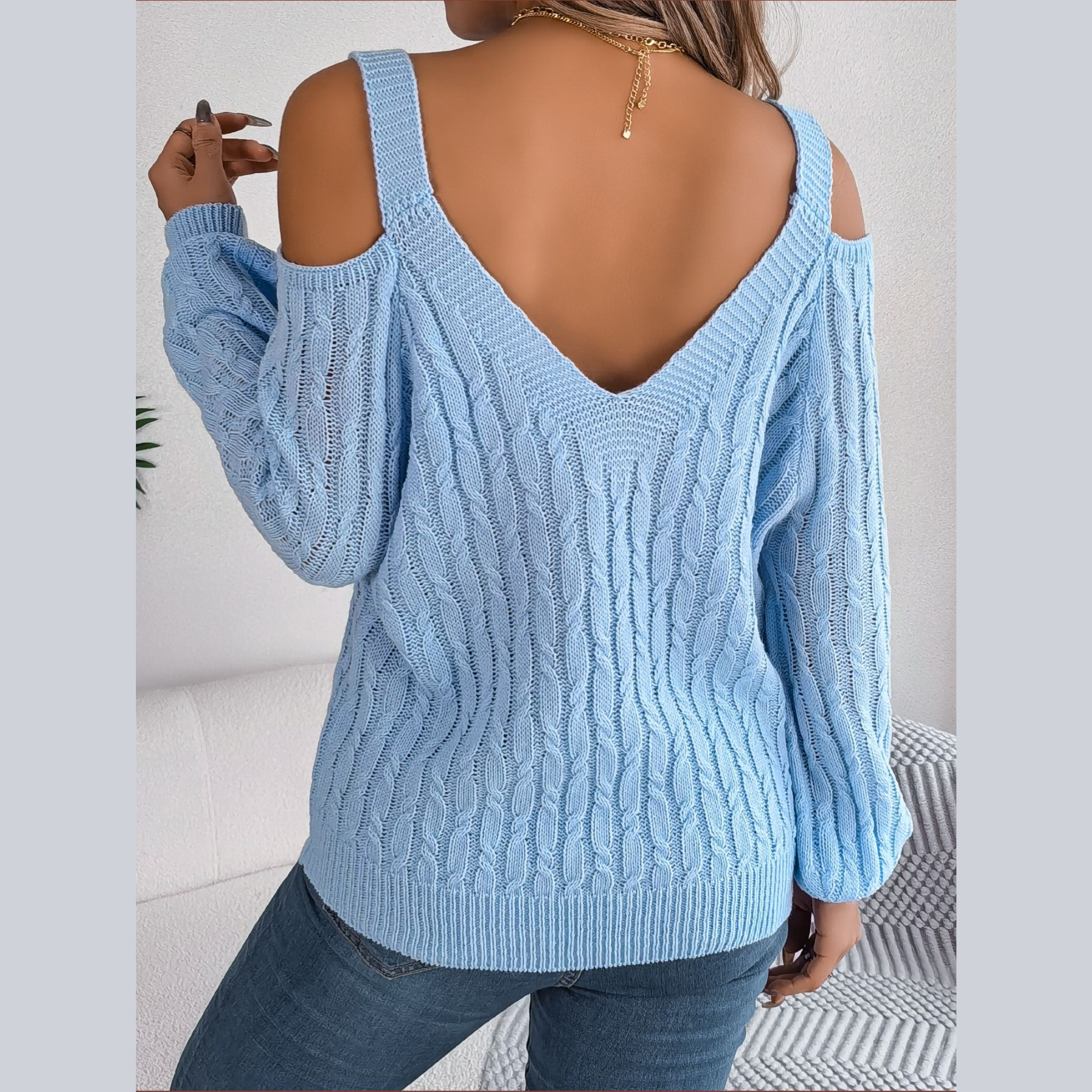 Ombretta - Blue Cold Shoulder V Neck Sweater