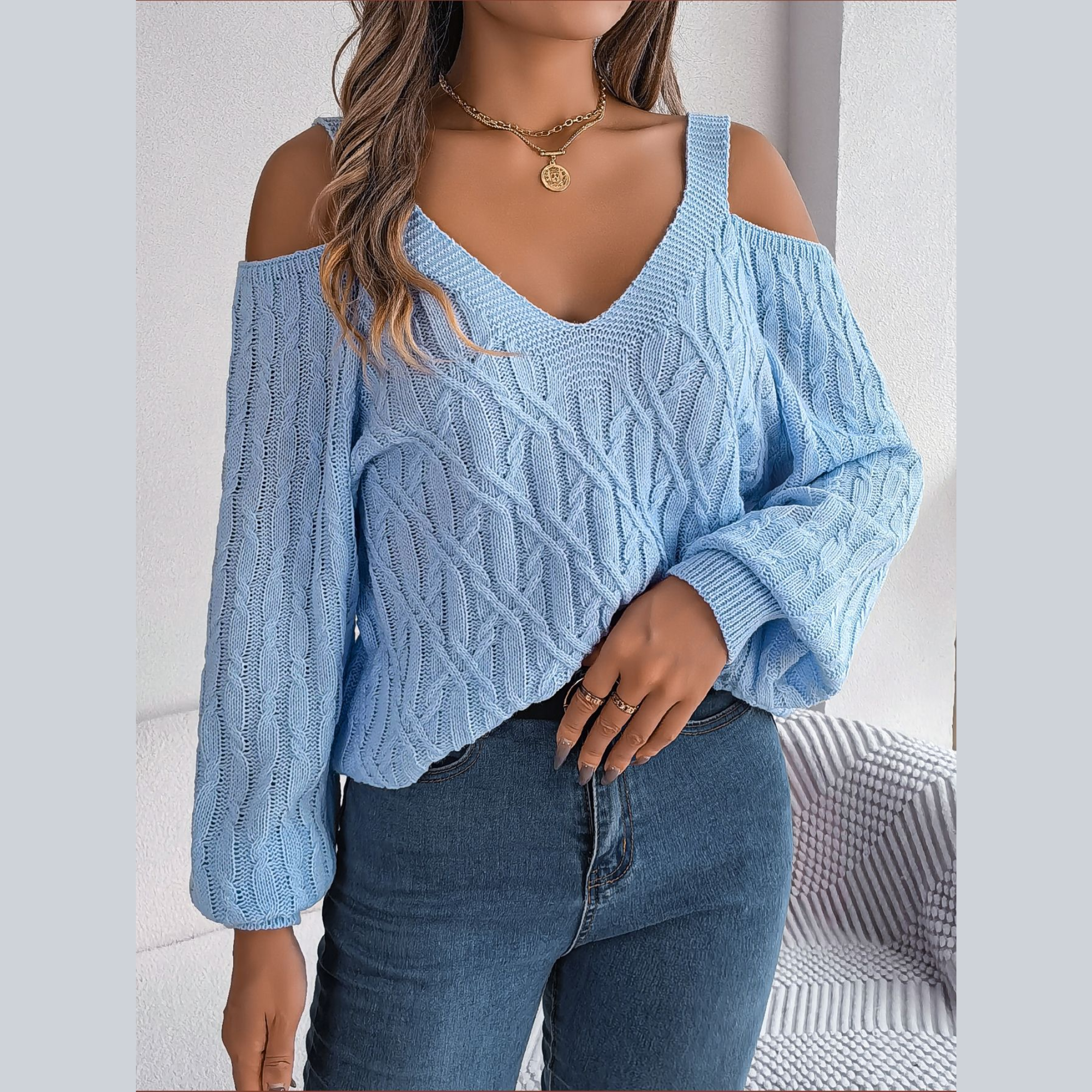 Ombretta - Blue Cold Shoulder V Neck Sweater
