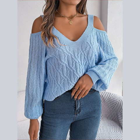 Ombretta - Blue Cold Shoulder V Neck Sweater