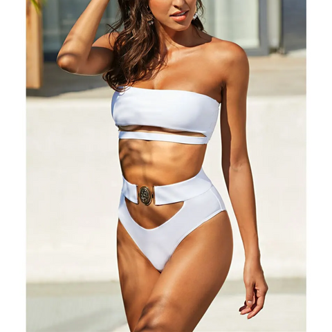 Corinna - White Bandeau High Waist Bikini Set