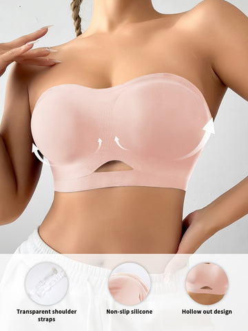 Sujetador push-up sexy sin tirantes con cortes y sin costuras de color sólido rosa