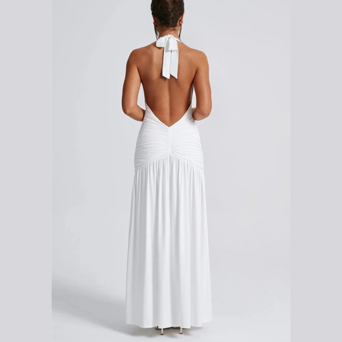 Rosalia - White Deep V Halter Neck Backless Maxi Dress