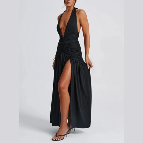 Rosalia - Black Deep V Halter Neck Backless Maxi Dress
