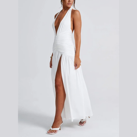 Rosalia - White Deep V Halter Neck Backless Maxi Dress