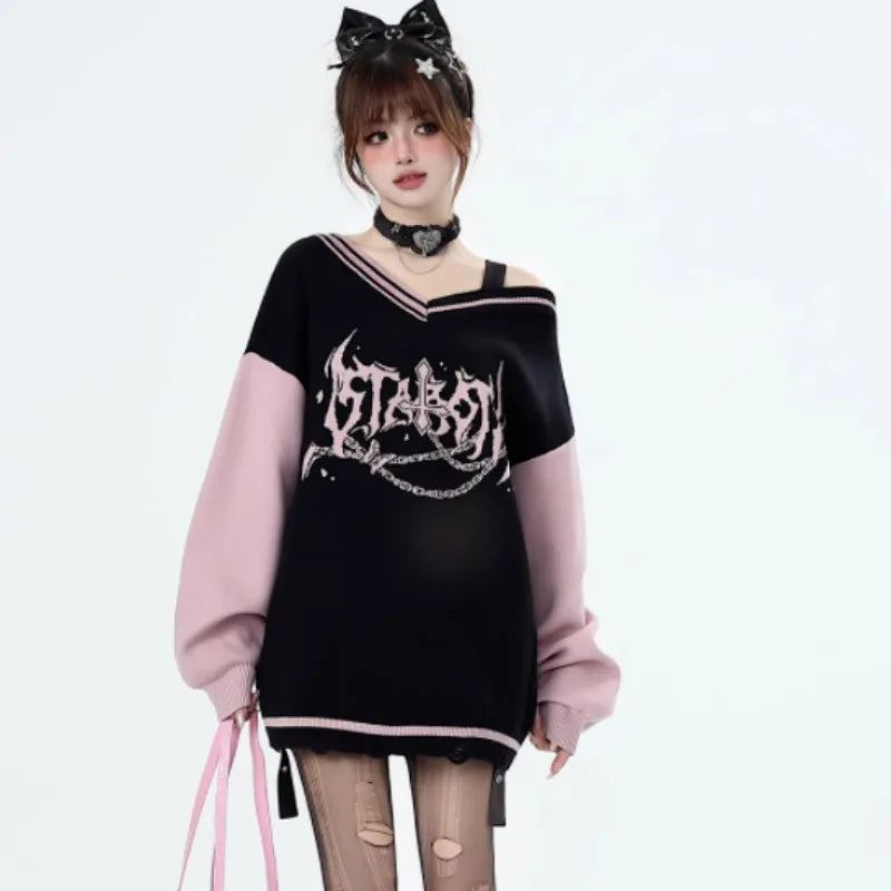 Harajuku Gothic Pullover mit V-Ausschnitt