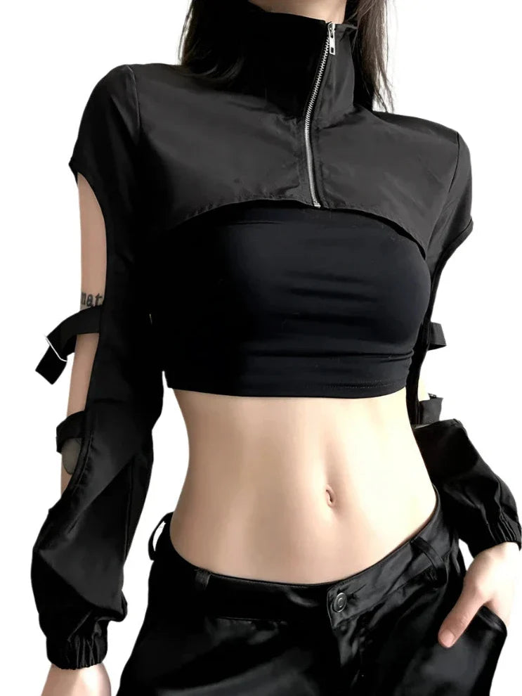 Dark Half-Zip Crop Top