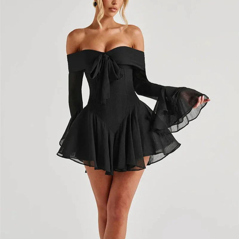 Petal - Off Shoulder Flare Sleeve Mini A-line Dress