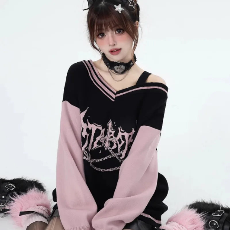 Harajuku Gothic Pullover mit V-Ausschnitt