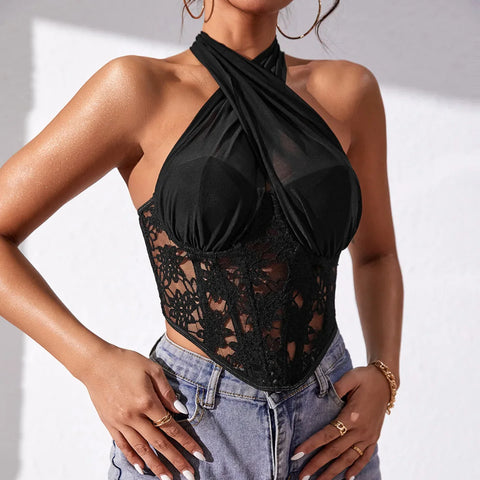 Maggie - Lace Mesh Cross Halter-Neck Top