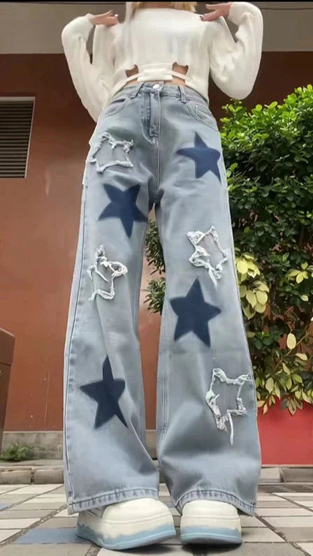 Y2K Baggy Jeans mit blauen Sternen