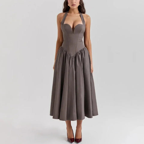 Giovanna - Gray Fit and Flare Long Halter Dress