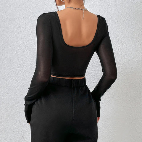 Ginevra - Black Sheer Mesh & Lace Crop Top