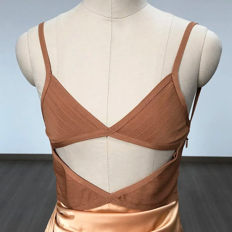 Primavera - Apricot Bandage & Satin Cut Out Dress