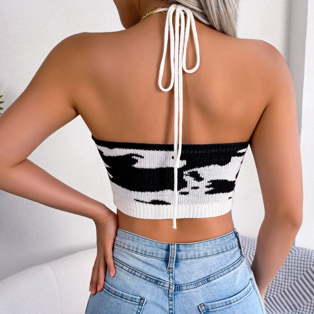 Bonnie - White Cow Print Knitted Crop Top