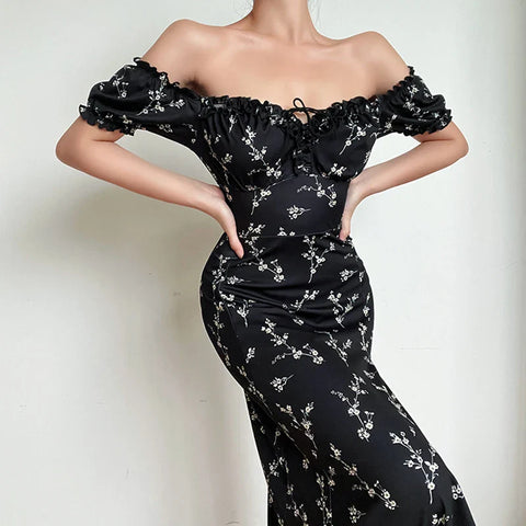 Lia - Off The Shoulder Floral Print High Split Dress