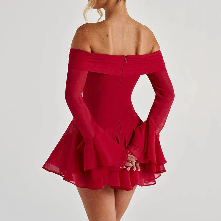 Petal - Off Shoulder Flare Sleeve Mini A-line Dress