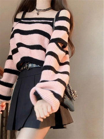 Y2k Harajuku Striped Off Shoulder Sweater