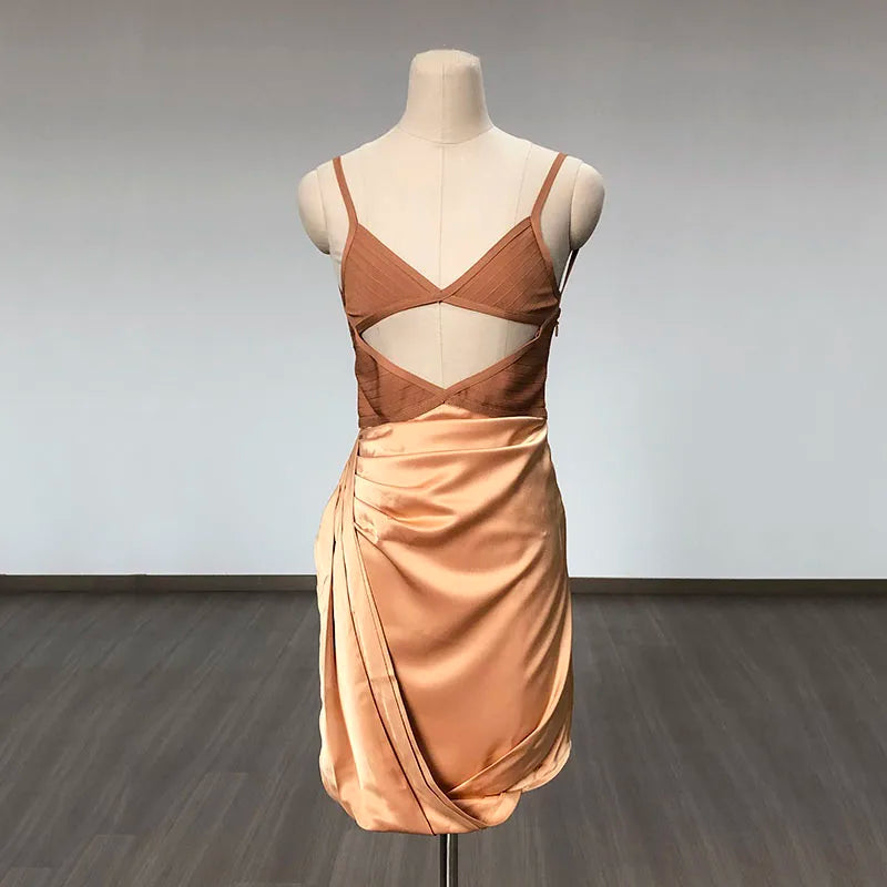 Primavera - Apricot Bandage & Satin Cut Out Dress