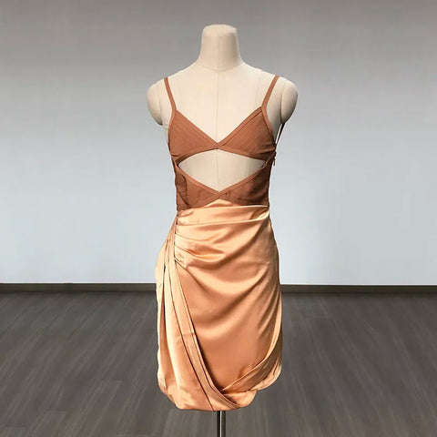 Primavera - Apricot Bandage & Satin Cut Out Dress