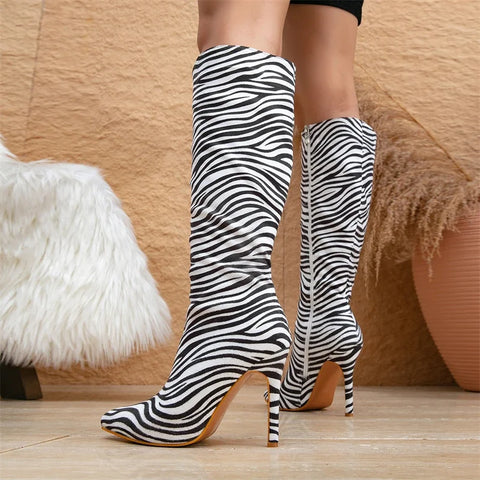 Donatella - Zebra Stripes Pointed Toe Knee-High Boots