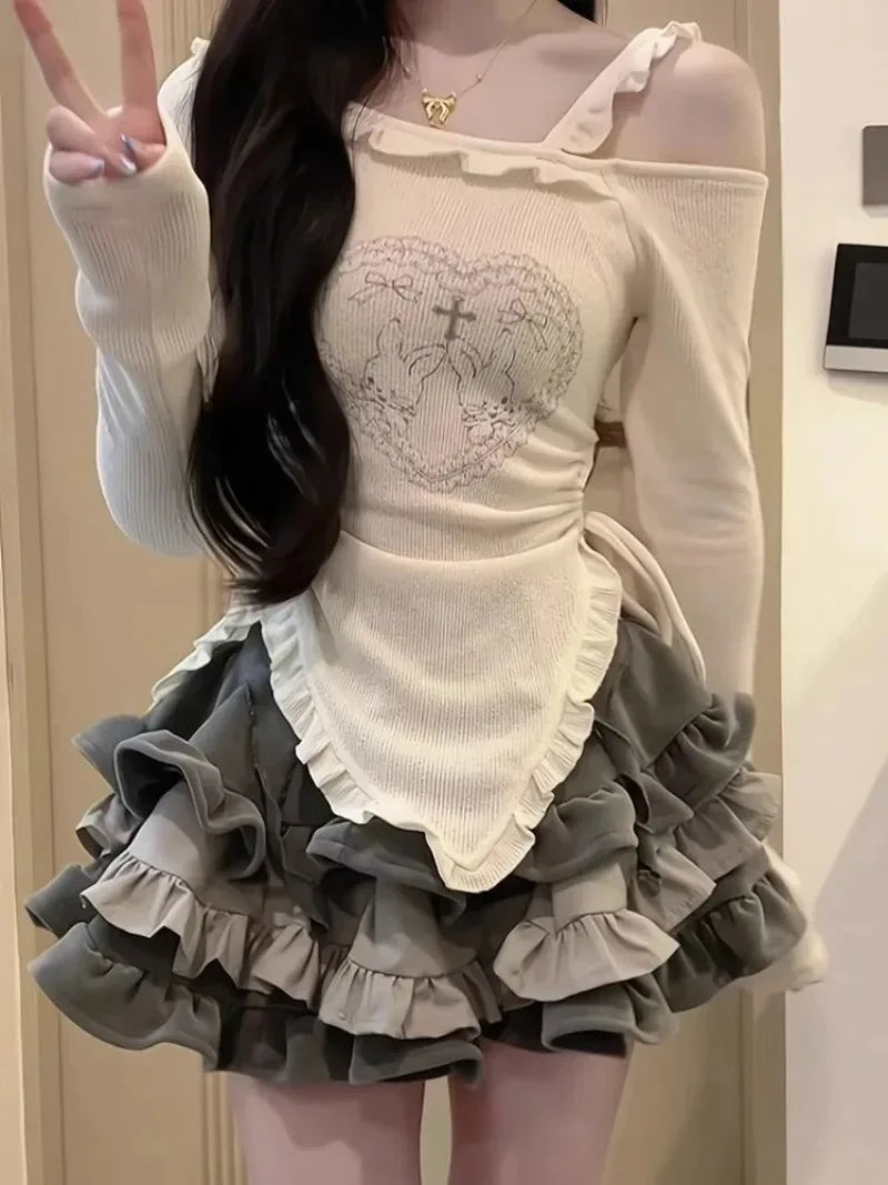 Lindo conjunto de ropa Y2K: manga larga y minifalda