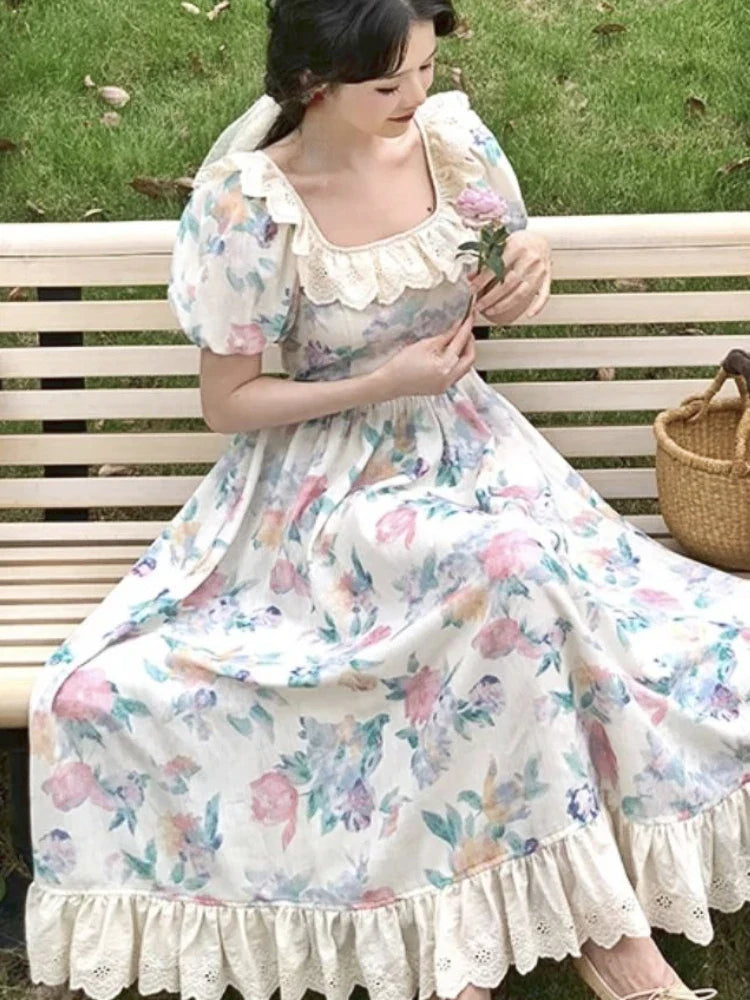 Vestido francés de patchwork con estampado floral