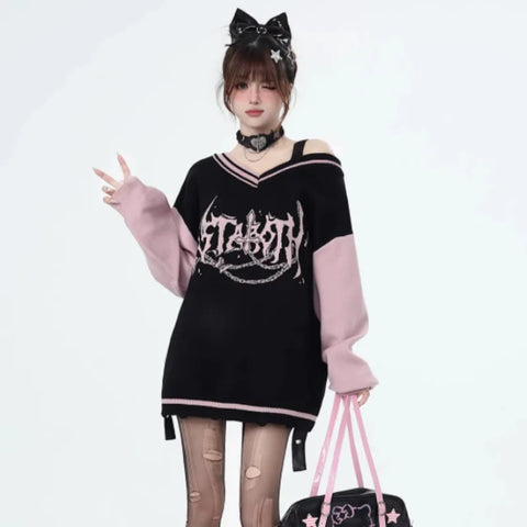 Harajuku Gothic Pullover mit V-Ausschnitt