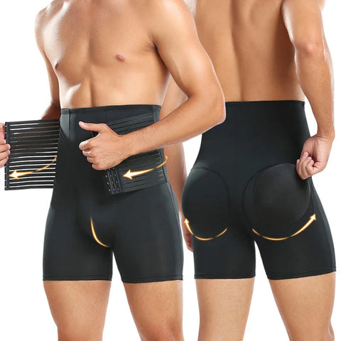 Men's Padded Shapewear Shorts & Built In Waist Trainer Belt