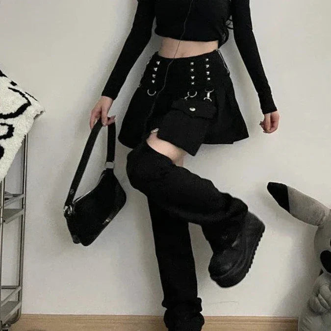 Gothic Y2K Outfit Set - Minirock, Beinwärmer, Handtasche