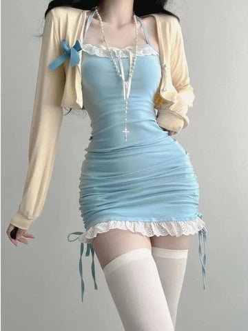 Conjunto de traje ajustado de verano kawaii: minivestido y cárdigan