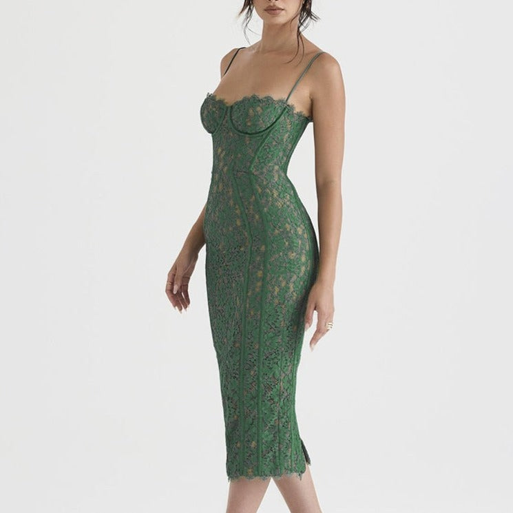 Nadine - Green Lace Corset Midi Dress