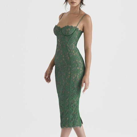 Nadine - Green Lace Corset Midi Dress