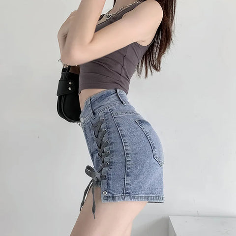 Koreanische Jeansshorts mit hoher Taille