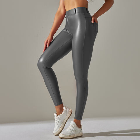 Yoga-Workout-Leggings aus PU-Leder mit hoher Taille für Damen